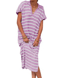 Zingj Summer Dress Women's V-Neck Stripe Low Slit Lapel Long Sweater Even-Outfit