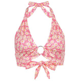 Heart Print Backless Halter Bra Corset Top Deep V Neck Sexy Sleeveless Crop Top Summer Tie Up Tank Tops Tees