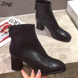 Brand Women Beige 7cm Block High Heels Ankle Boots 2023 Winter Female Square Toe Chelsea Boots High Quality Short