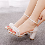 Cm Round Head With Thick Heel And Shallow Mouth With Sandals Beaded Flowers Wedding Dress Shoot High Heels