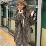 Women Wool Blends Plaid Winter Thick Cotton Vintage Harajuku Korean Style Trendy Womens Woolen Suit-coat Streetwear Lattice