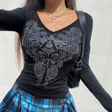 Indie Fairy Grunge Crop Top 90s Vintage Graphic Print Long Sleeve Women Crop Top Harajuku Autumn Spring Female Tees