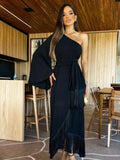 New Solid Women's One-Shoulder Sexy Lady Long Skirt Slit Ruffled Tassel Swing Evening