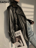 Black Faux Leather Biker Jacket Long Sleeve Zipper Belt Loose Luxury Korean Fashion 2023 Autumn Clothes Women