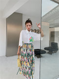 Watercolour Floral Ruched Long Summer Skirts For Women 2022 A Line Midi Skirt High Waisted Korean Fashion