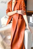 Spring Autumn Long Orange Soft Faux Leather Coat Women Pockets Elegant Stylish Luxury Designer Clothes New Arrival