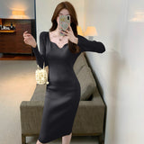 Zingj And Winter French Court Style V-Collar Temperament Elegant Slim Hip Knitted Dress Black Bottomed
