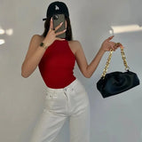Women Sexy Sleeveless Halter Neck Vest Sleeveless Solid Knit Ribbed Slim Fit Tank Tops Clubwear Ladies Camisole Streetwear