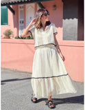 Zingj Summer New Women's Comfortable Casual Shirt Collar Lace Long Skirt Suit