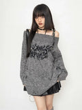 Gothic Sexy Off Shoulder Knitted Jumpers Grunge Jacquard Sweater Fashion Knitwear Y2k Aesthetic Slash Neck
