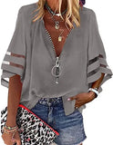 Zipper Half Bell Sleeve Mesh Solid Color Stitching Loose Casual Women's