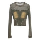 Real Shooting Hottie Water Wash Side Of The Cowboy Splicing Mesh Yarn Long Sleeve Blouse Short High-Waisted T-Shirt