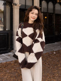 Argyle Sweater for Women 2022 Winter Thicken Warm Oneck Pullover Retro Loose Knitwears Korean Female Clothing