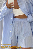 Loung Wear Tracksuit Women Shorts Set Stripe Long Sleeve Shirt Tops And Loose High Waisted Mini Shorts Two Piece