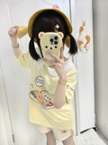Aesthetic Summer Patchwork T-shirt Japanese Cartoon Print Kawaii Casual Loose Tops Harajuku Women Oversized Apricot