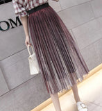 Summer Pleated Skirts 2019 Mesh Midi Saia High Waist Vintage Lace Lady Skirt Jupe Femme Falda Etek Mujer Gray Purple
