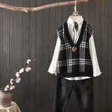 fan knitted vest women's 2021 autumn new style literary fan V-neck vest waistcoat plaid sleeveless pullover