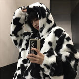 Women Fleece Jackets Furry Teddy Coat Women Harajuku Milk Cow Print Faux Fur Jacket Vintage Hip Hop Warm