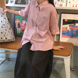 Plaid Shirt for Teenage Girls Summer New Harajuku Oversize Short Sleeve Checked Blouse Pink Button Up Cardigan