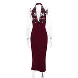Burgundy Large Collar Halter Midi Dress- Outfit