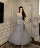 Sexy Hot Girl Suit Women's Autumn/Winter Diamond Buckle Belt Strapless Top High Waist A-line Yarn Long Skirt Two-piece