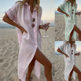 874 Spot Women's Ins Wind Solid Color Casual Long Sleeve Long Cotton Linen Shirt