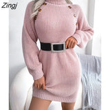 Knitted Sweater Dress for Women Autumn Winter 2022 new Casual Button High Neck Long Sleeve Mini Bottoming Sweater