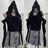Real Shooting Doomsday Wasteland Wind To Make Old Worn Hooded Long-Sleeved T-Shirt Short High-Waisted Umbilly Top