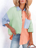 New Long-sleeved Shirt Women's Contrast Color Stitching Off-the-shoulder Cardigan Shirt Fashion Casual Women's