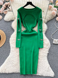 2023 Autumn Knitted Chic Dress O Neck Hollow Out Long Sleeves Bows Decoration Solid Women Slim Fit Bodycon Party