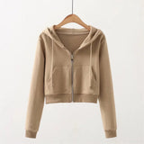 Zingj Trendy Women's Sweater Autumn New Fashionable Solid Color Hooded Zipper Short High Waist Navel