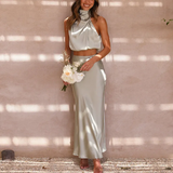 Satin Sexy Dress Women Sleeveless Two-Piece Formal Occasion Dresses A Line Summer Solid Casual Party Dress Sets
