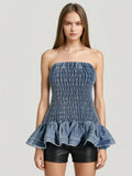 Hot Girl Wind 2025 Autumn New Wipe Breast Elastic Design Slim Denim Flounce Short