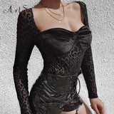 Women Long Sleeve Casual Bodysuits Fashion V-Neck Black Leopard Print See Through Sexy Velvet Mesh Bodysuit Club Wear