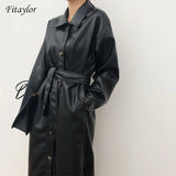 PU Leather Long Jacket 2021 New Spring Women Loose Belt Faux Leather Windbreaker Trench Coat Slim Spring