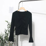 Real Shooting 2024 Autumn Dress Sexy V-Neck Folded Open Fork Short High-Waisted T-Shirt Horn Long Sleeve Bottom Top