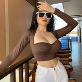 Women Long Sleeve Round Neck T-Shirt Skinny Tops Chest Cut Out Sexy Black Crop Top Autumn Tee Shirt Cropped