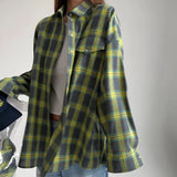 Zingj Style Versatile Lapel Loose Shirt 2024 Spring And Autumn Plaid Long Sleeve Pocket-Outfit