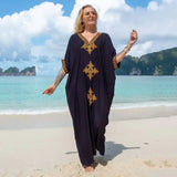 Elegant Gold Embroidered Kaftan Retro V-neck White Dress Plus Size Women Clothes Summer Beach Wear Swim Maxi Dresses