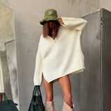 Street Style Ultra-Loose Zipper Sweater Female High-Collar Open Fork Design Fashion Personality Fried Street Autumn And