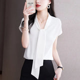 Tie Blouse Shirt for Women OL Elegant Blouses Satin Womens Tops Silk Female Clothing 2023 Korean Fashion Short Sleeve