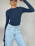 Women T-shirt Long Sleeve Crew Neck Solid Slim Fit Ladies Crop Top with Thumb Holes for Daily Streetwear Summer
