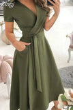 Women Summer Long Dress Short Sleeve V Neck Solid Vintage Elegant Chic Shirt Dress With Belt Office Ladies Party