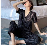 Women's Silk Long-sleeved Pajamas Pajamas Suit Jacquard Plaid High-grade Ice Silk Can Be Worn Outside Home Wear