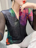 V Neck Mesh T-shirt Women Long Sleeve Positioning Printing Floral Intimated Silk T Shirts Female Stretchable
