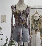 French Retro Oil Painting Wind Dyed Lotus Leaf Side Sling T-Shirts Long Sleeves Drifting Coat