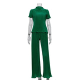 Fashion Women's 2 Pcs Set Pleated New Round Neck Loose Short Sleeve Tops And Highwaist Straight Pants Female Summer