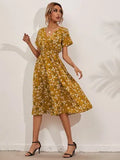 Queens Women Floral Print Short Sleeve Beach Sexy Bohemian Midi Dress Ladies V-neck Boho Sundress