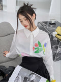 White Floral Long Sleeve Button Up Shirt For Women 2022 Spring Batwing Long Sleeve Casual Top Korean Fashion