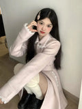 Hot Girl Pink Medium Length Woolen Coat for Women's Autumn and Winter Slim Fit Lace-up Woolen Coat Fashion Female